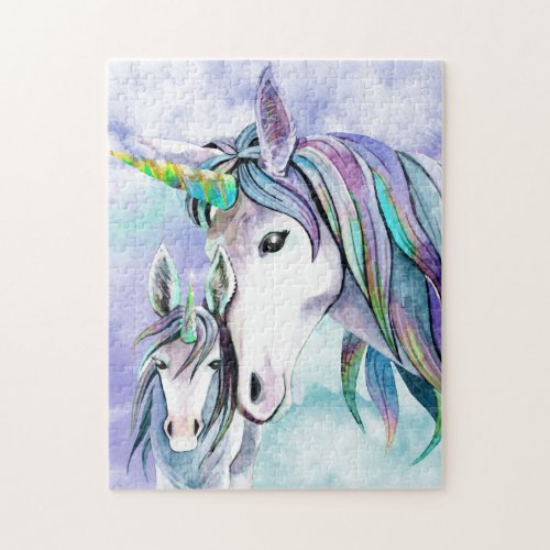 Teal and Lilac Unicorn Mother and Child Jigsaw Puzzle