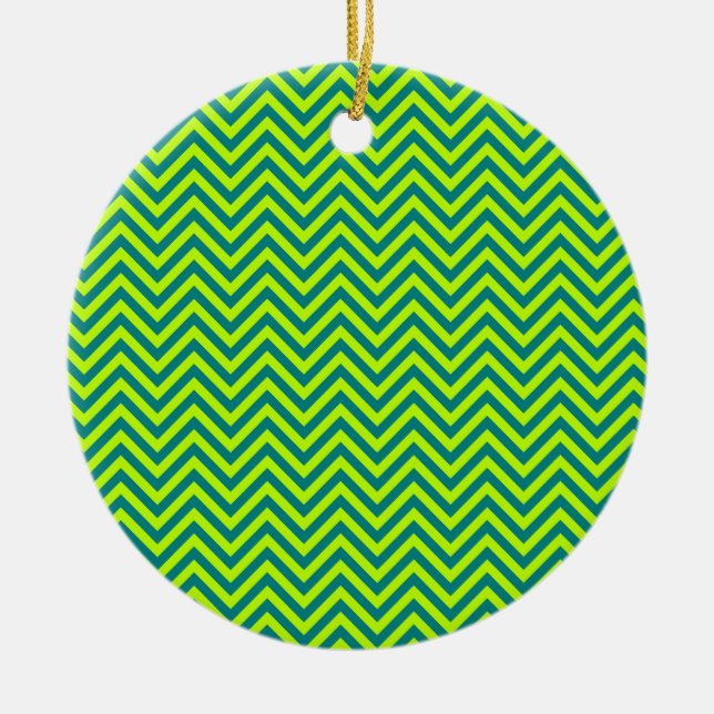 Teal And Lime Green Chevron Pattern Ceramic Ornament (Front)