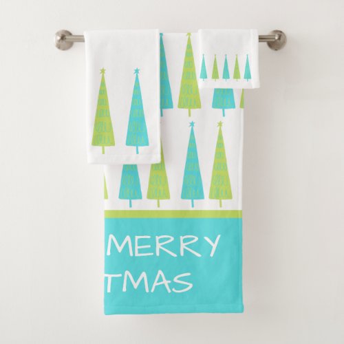 Teal and Lime Green Christmas Trees Personalized Bath Towel Set