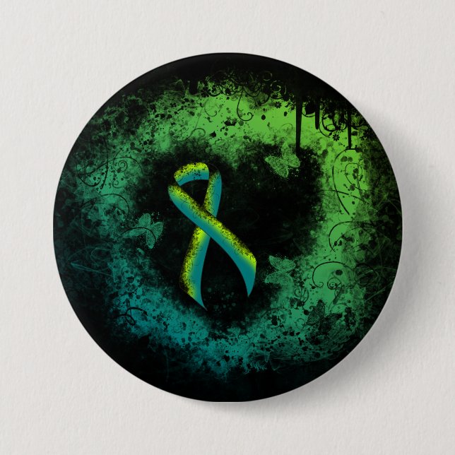 Teal and Lime Green Grunge Heart Button (Front)