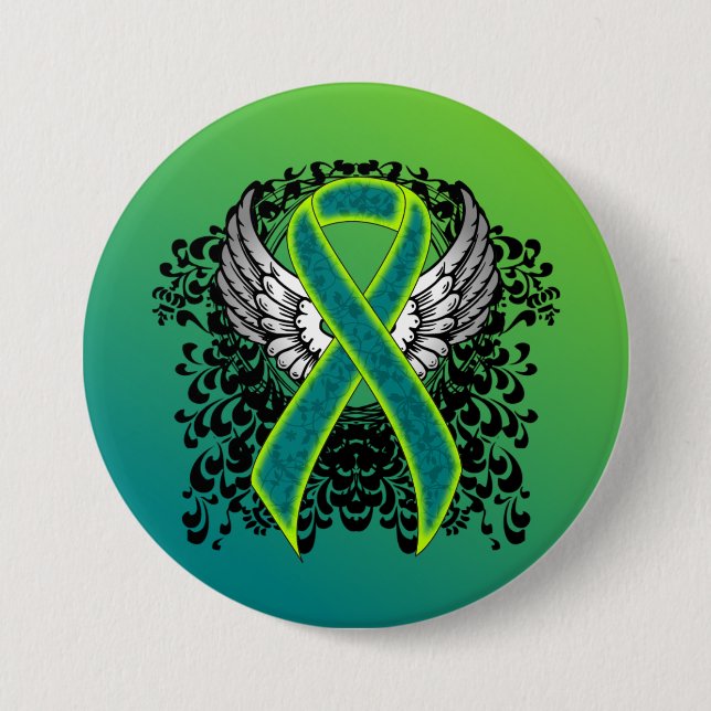 Teal and Lime Green Ribbon with Wings Button (Front)