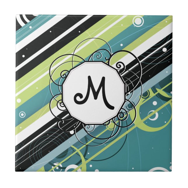 Teal and Lime Modern-Retro Stripes with Monogram Ceramic Tile (Front)