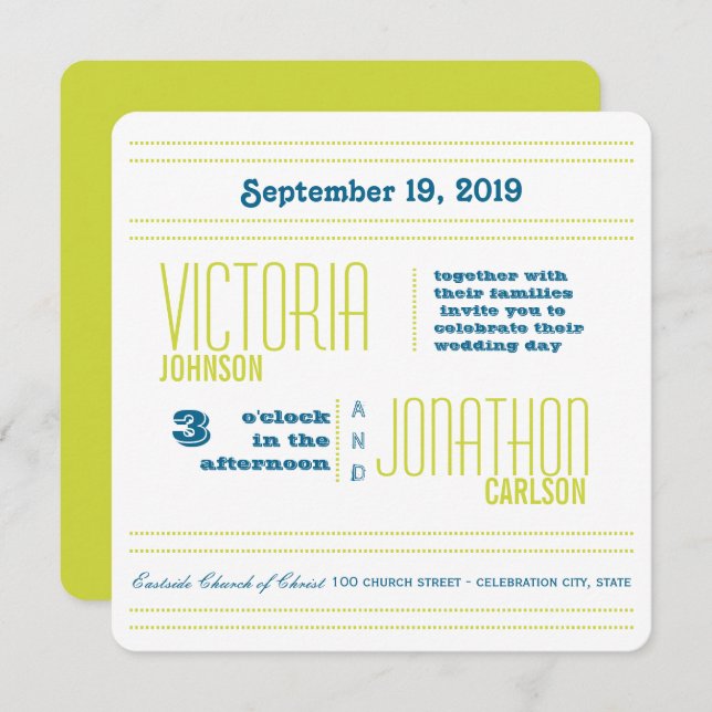 Teal and Lime Modern Typography Wedding Invitation (Front/Back)