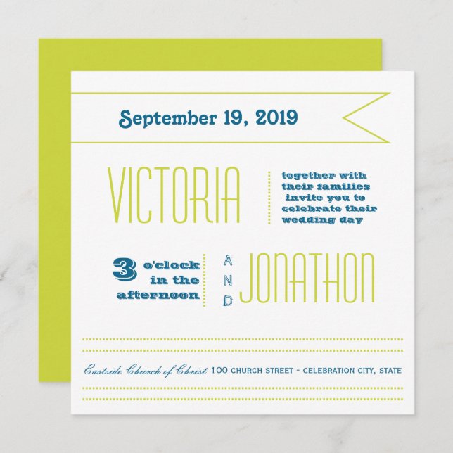 Teal and Lime Modern Typography Wedding Invitation (Front/Back)