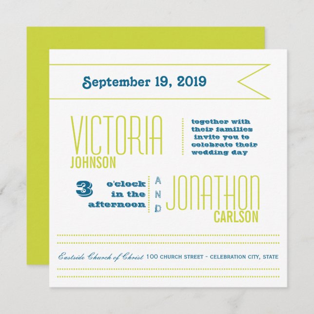 Teal and Lime Modern Typography Wedding Invitation (Front/Back)