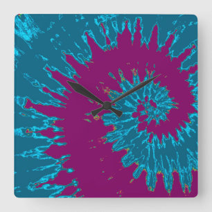 Teal and Maroon Spiral Tie Dye Clock
