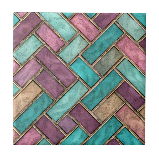 Teal and Mauve Herringbone Tile Pattern - Brick (Front)
