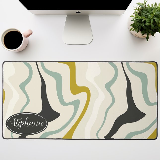 Teal and Mustard Yellow Retro Abstract Swirl Desk Mat (Creator Uploaded)