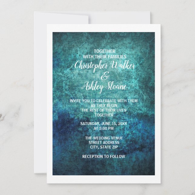 Teal and Navy Blue Grunge Watercolor Wedding Invitation (Front)