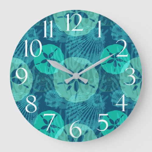 Teal and Navy Blue Seashells Sand Dollars Beach Large Clock