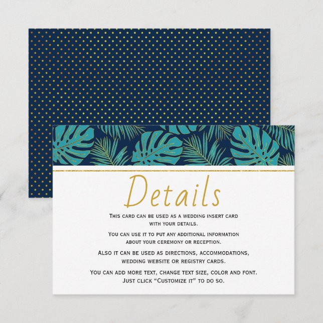 Teal and navy blue tropical leaves wedding details enclosure card (Front/Back)