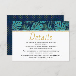 Teal and navy blue tropical leaves wedding details enclosure card