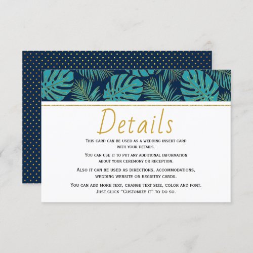 Teal and navy blue tropical leaves wedding details enclosure card