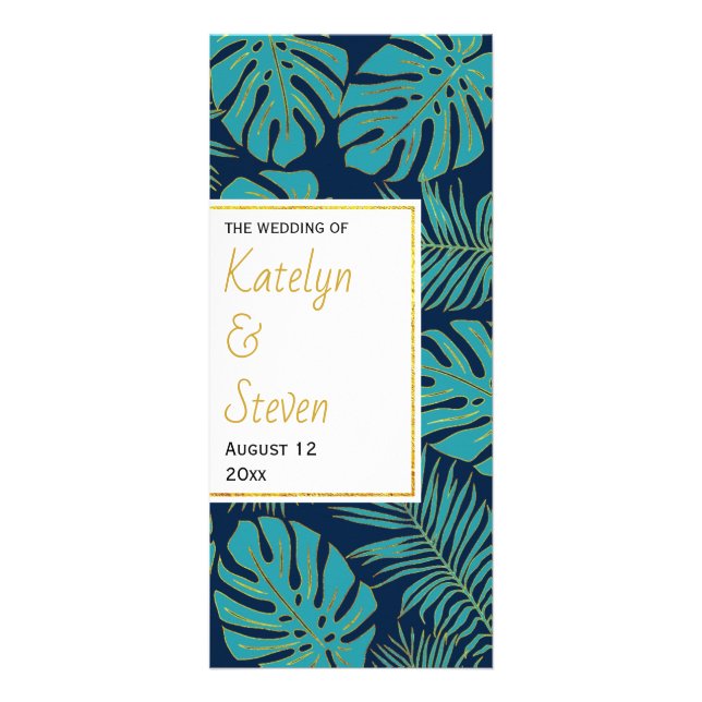 Teal and navy blue tropical leaves wedding program (Front)