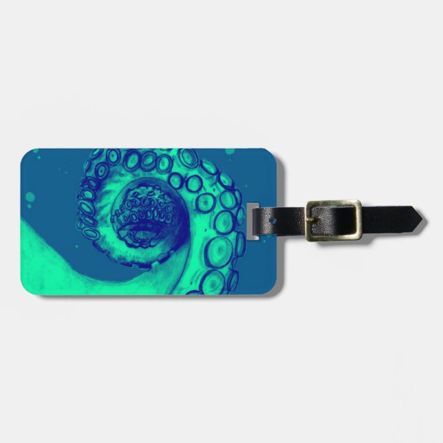 Teal and Navy Nautical Octopus Tentacle Luggage Tag (Front Horizontal)