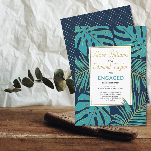 Teal and navy tropical leaves engagement party invitation