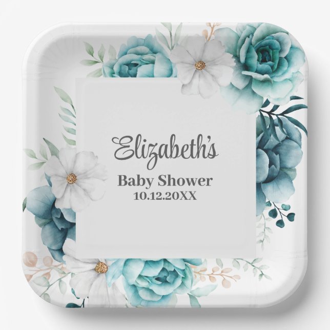 Teal and Off-White Baby Shower  Paper Plates (Front)