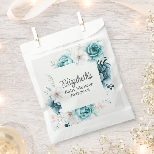 Teal and Off_White Floral Baby Shower Favor Bags