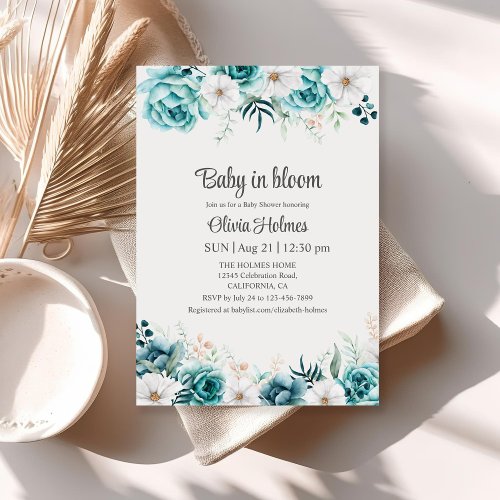 Teal and Off_White Floral Baby Shower Invitation
