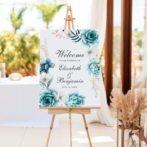 Teal and Off_White Floral Wedding Welcome Foam Board