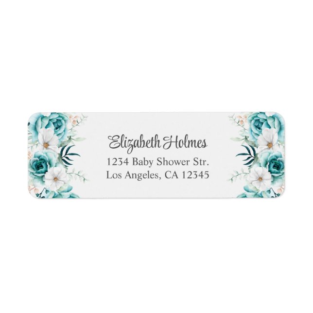 Teal and Off-White Wildflowers Baby Shower Address Label (Front)