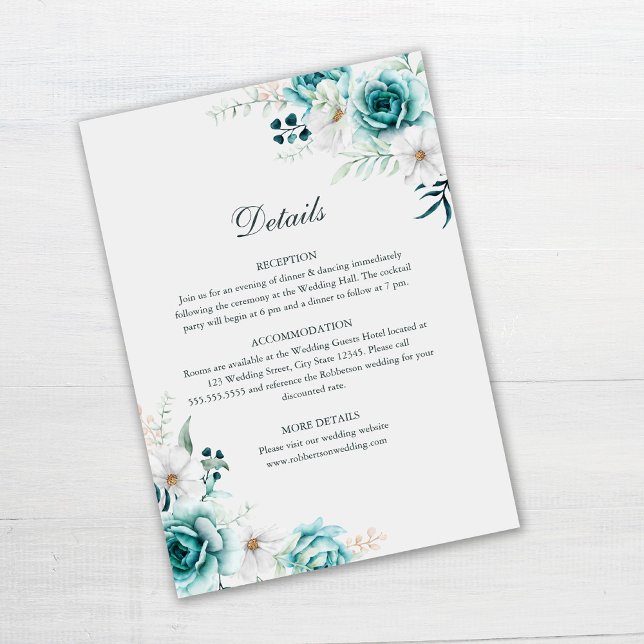 Teal and Off-White Wildflowers Details Card (Teal and Off-white wedding invitation details card on white table)
