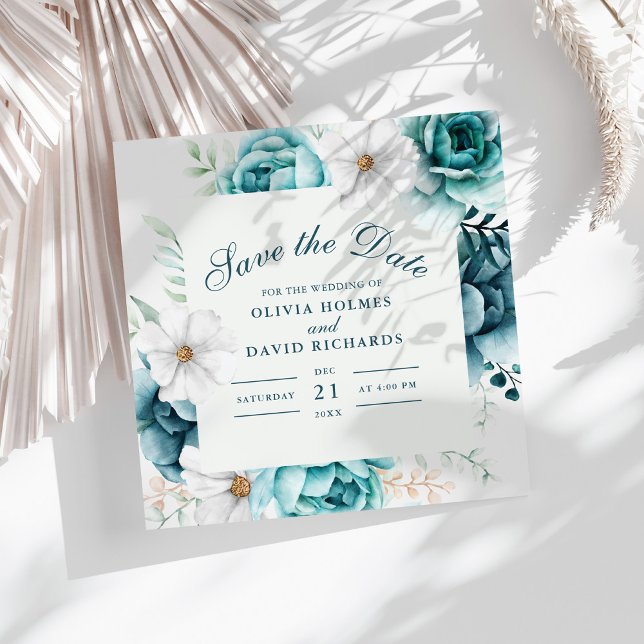 Teal and Off-White Wildflowers Save The Date Card (Teal and Off-White Wildflowers Save The Date Card on a white boho table with dry palm leaf.)