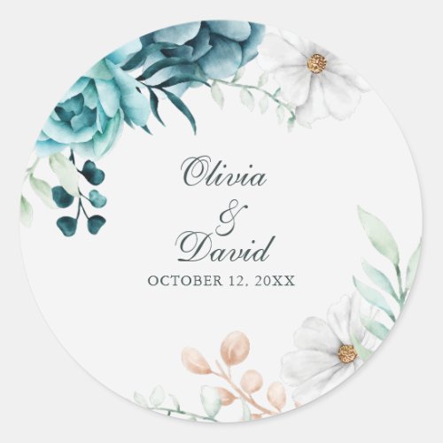 Teal and Off_White Wildflowers Wedding Classic Round Sticker