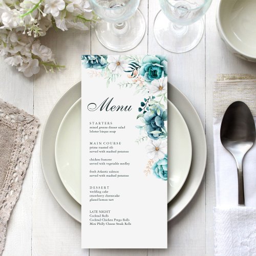 Teal and Off_White Wildflowers Wedding Menu Card