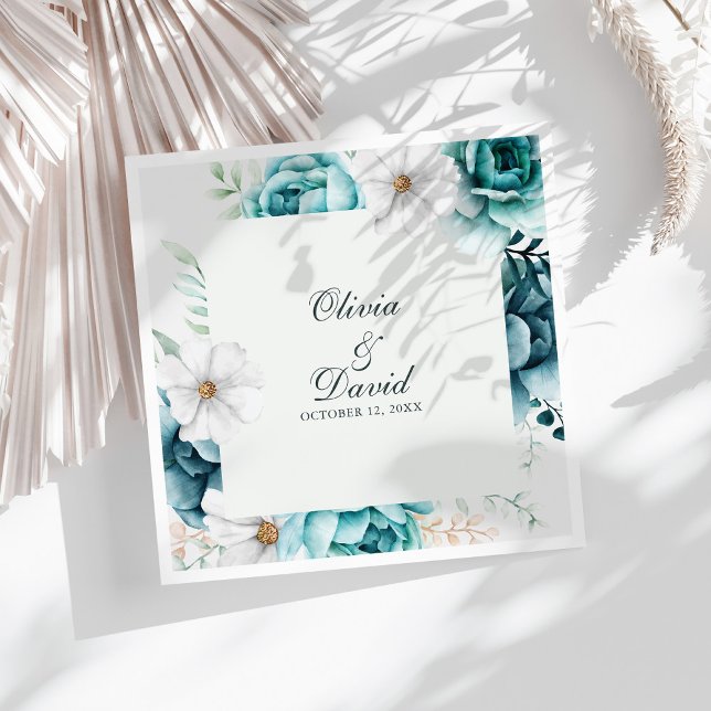 Teal and Off-White Wildflowers Wedding Paper Dinner Napkins (Teal and Off-White Wildflowers Wedding Paper Dinner Napkins on a sunny white table.)