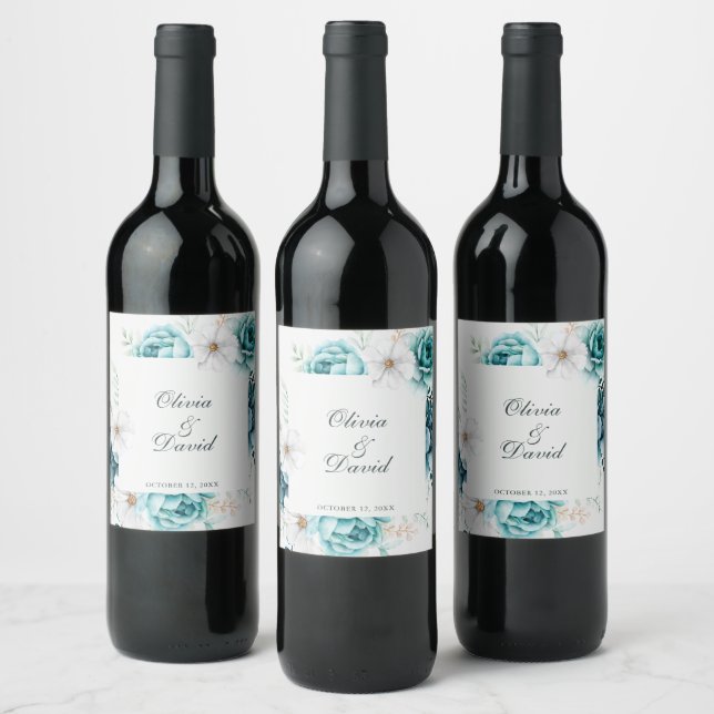 Teal and Off-White Wildflowers Wedding Wine Label (Bottles)