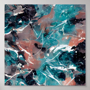 Teal and orange abstract marble poster