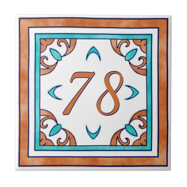 Teal and Orange Big House Number Ceramic Tile (Front)