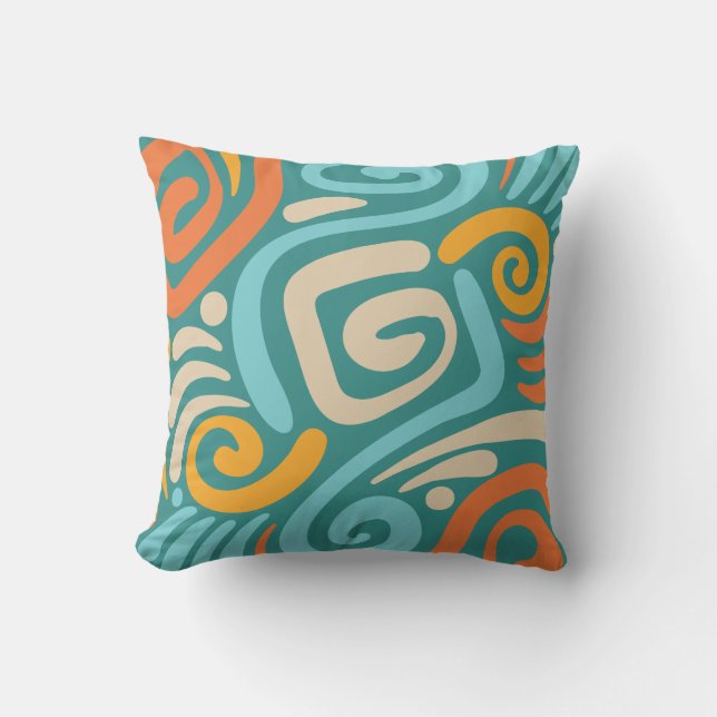 Teal and Orange Bold Spiral Coil Pattern Throw Pillow (Front)