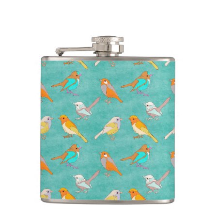 Teal And Orange Colorful Birds Pattern Turquoise Flask