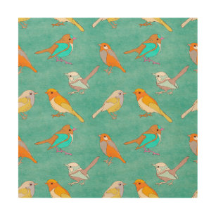 Teal and Orange Colorful Birds Pattern Turquoise Wood Wall Decor