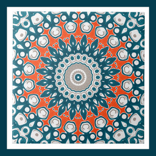 Teal and Orange Decorative Mandala Ceramic Tile