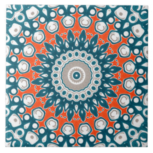 Teal and Orange Decorative Mandala Ceramic Tile
