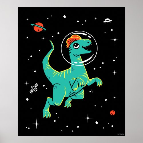 Teal And Orange Dilophosaurus Dinos In Space Poster