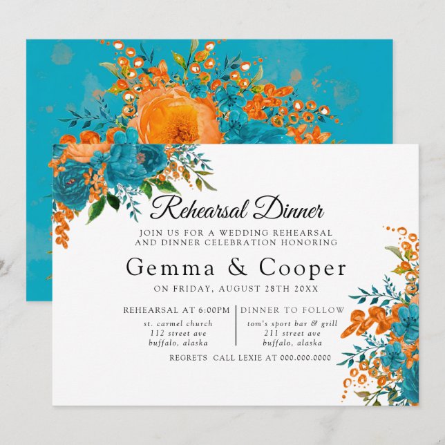 Teal and Orange Elegant Florals Rehearsal Dinner Invitation (Front/Back)