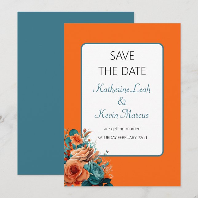 Teal and Orange Floral Save the Date Wedding Invitation (Front/Back)