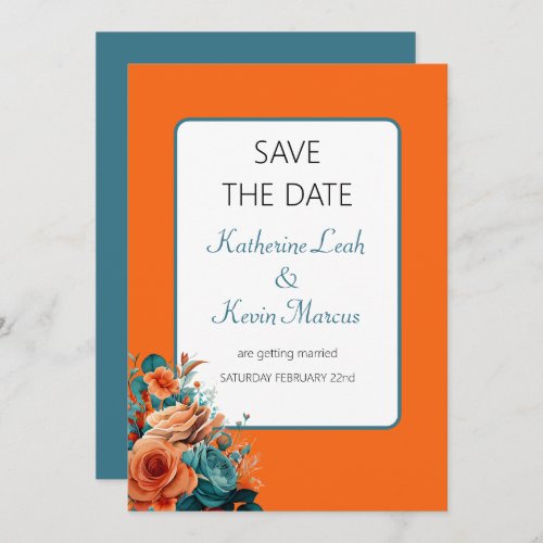 Teal and Orange Floral Save the Date Wedding Invitation