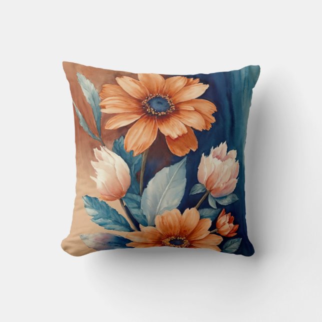 Teal and Orange Floral Throw Pillow (Front)