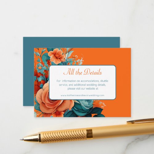 Teal and Orange Floral Wedding  Enclosure Card
