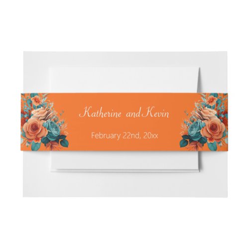 Teal and Orange Floral Wedding Invitation  Invitation Belly Band