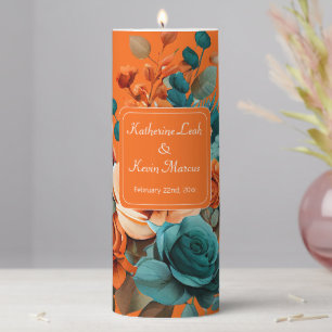 Teal and Orange Floral Wedding Pillar Candle