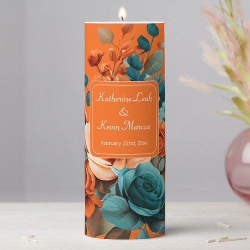 Teal and Orange Floral Wedding Pillar Candle