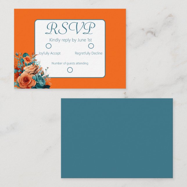 Teal and Orange Floral Wedding RSVP  Note Card (Front/Back)