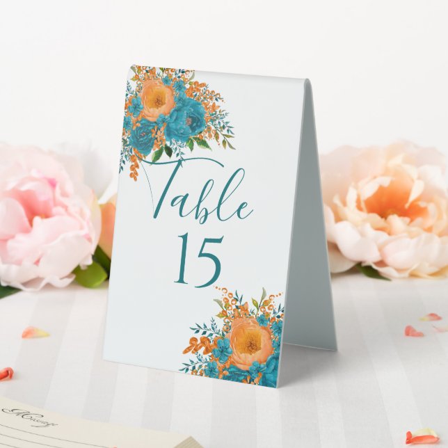 Teal and Orange Floral Wedding table Number Tent (In SItu (Wedding))