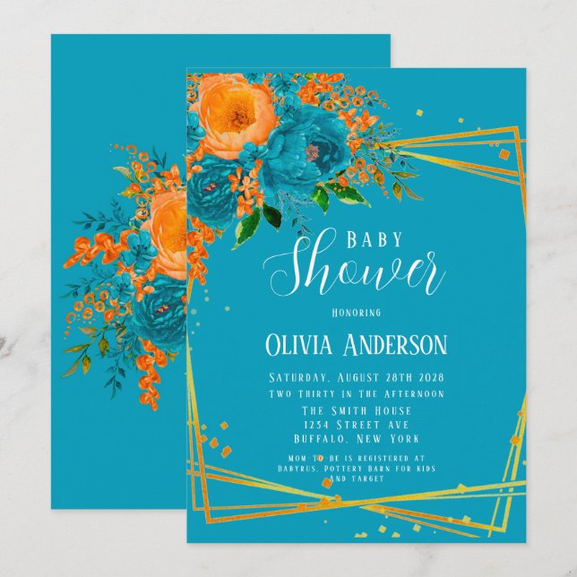  Teal and Orange Florals Gold Baby Shower Invitation (Front/Back)
